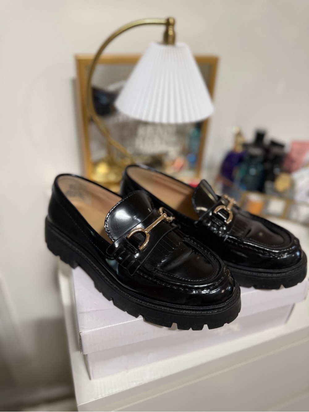 H&M patent leather Black Chunky Loafer with Gold Bit